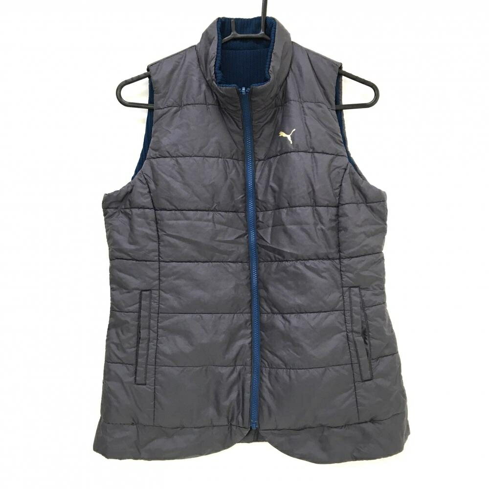 【超美品】プーマ 中綿リバーシブルベスト グレー×ブルーグリーン 裏ニット 胸元ロゴ レディース L ゴルフウェア PUMA