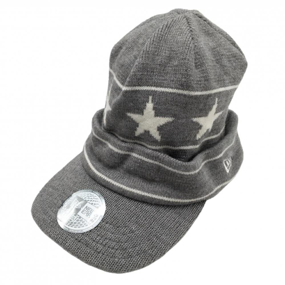 【美品】ニューエラ つば付ニット帽 グレー×白 一部星柄 裏フリース ウール混 ゴルフウェア New Era