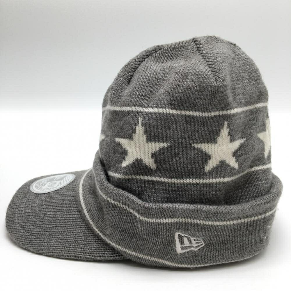 【美品】ニューエラ つば付ニット帽 グレー×白 一部星柄 裏フリース ウール混 ゴルフウェア New Era
