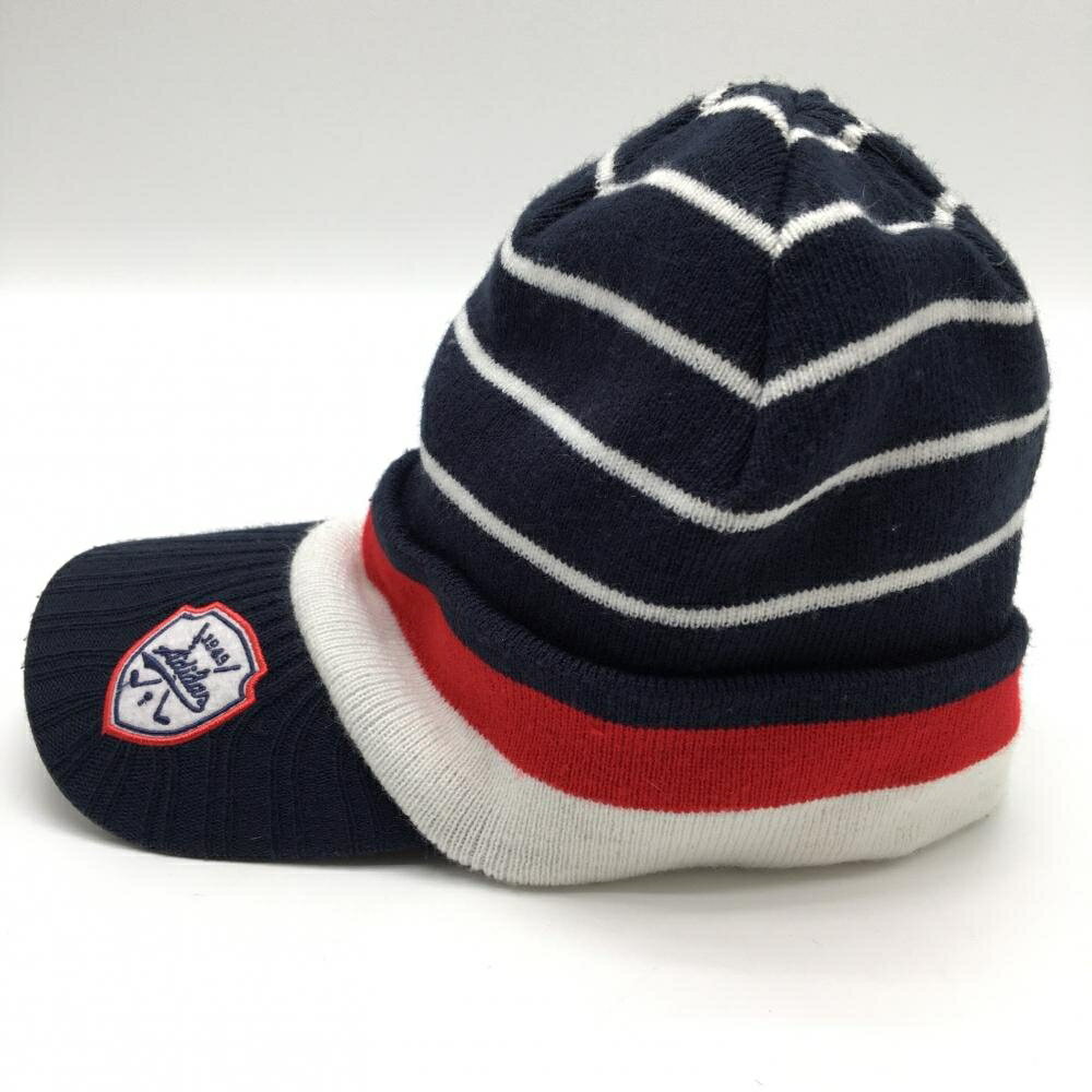 【美品】アディダス つば付ニット帽 ネイビー×白 ボーダー アクリル100％ レディース フリー(57-59cm) ゴルフウェア adidas