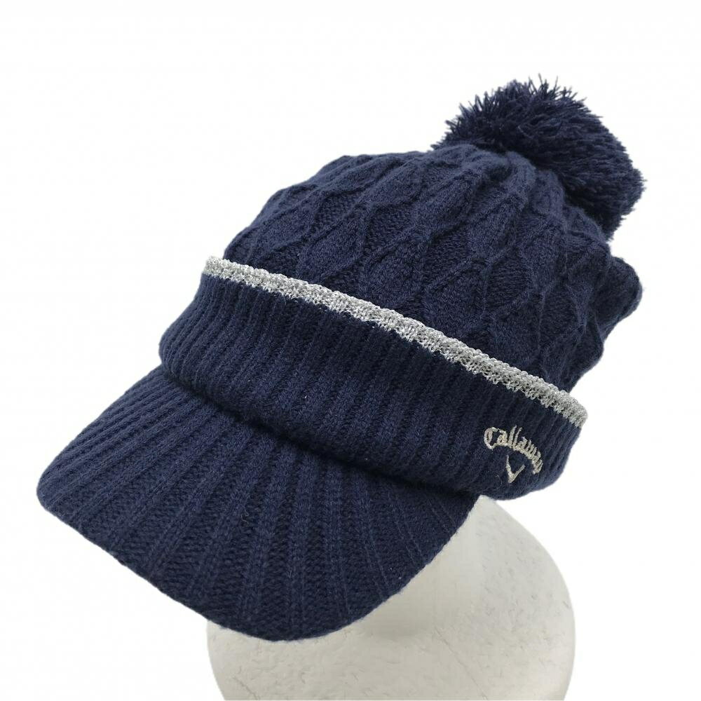 【美品】キャロウェイ つば付きニット帽 ネイビー×シルバー ボンボン付き FR ゴルフウェア Callaway