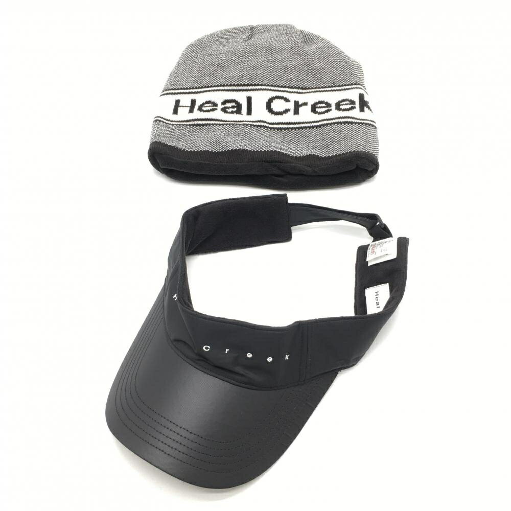 【超美品】ヒールクリーク サンバザー付ニット帽 白×黒 レザー調サンバイザー ロゴ刺しゅう フリース裏地 50 ゴルフウェア Heal Creek