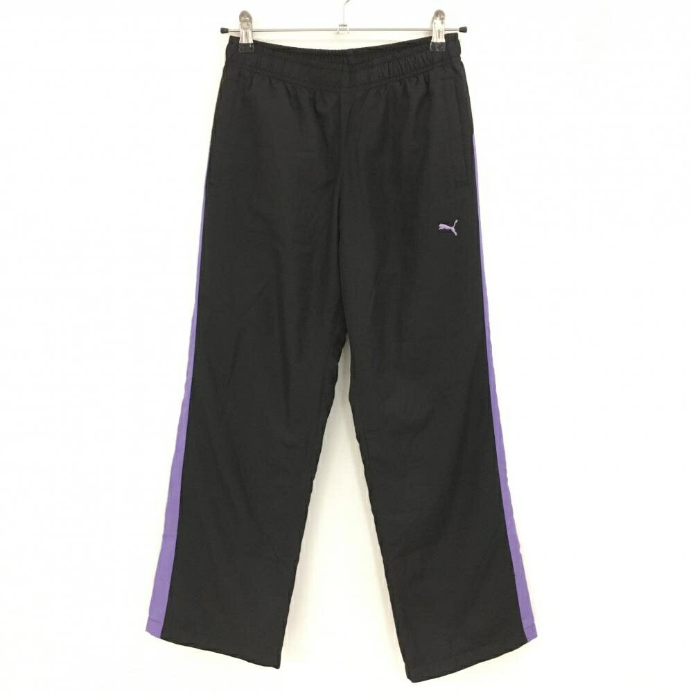 【超美品】プーマ ナイロンパンツ 黒×パープル サイドライン 裏微起毛 ウエストゴム レディース M ゴル..