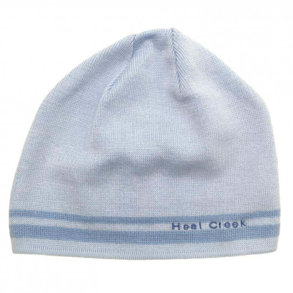 【超美品】ヒールクリーク ニット帽 ライトブルー×ブルー ロゴ刺しゅう 40 ゴルフウェア Heal Creek