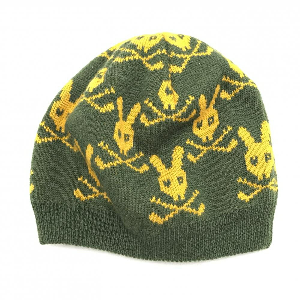【超美品】パーリーゲイツ ニット帽 ダークグリーン×オレンジ スカルラビット総柄 ウール混 レディース..