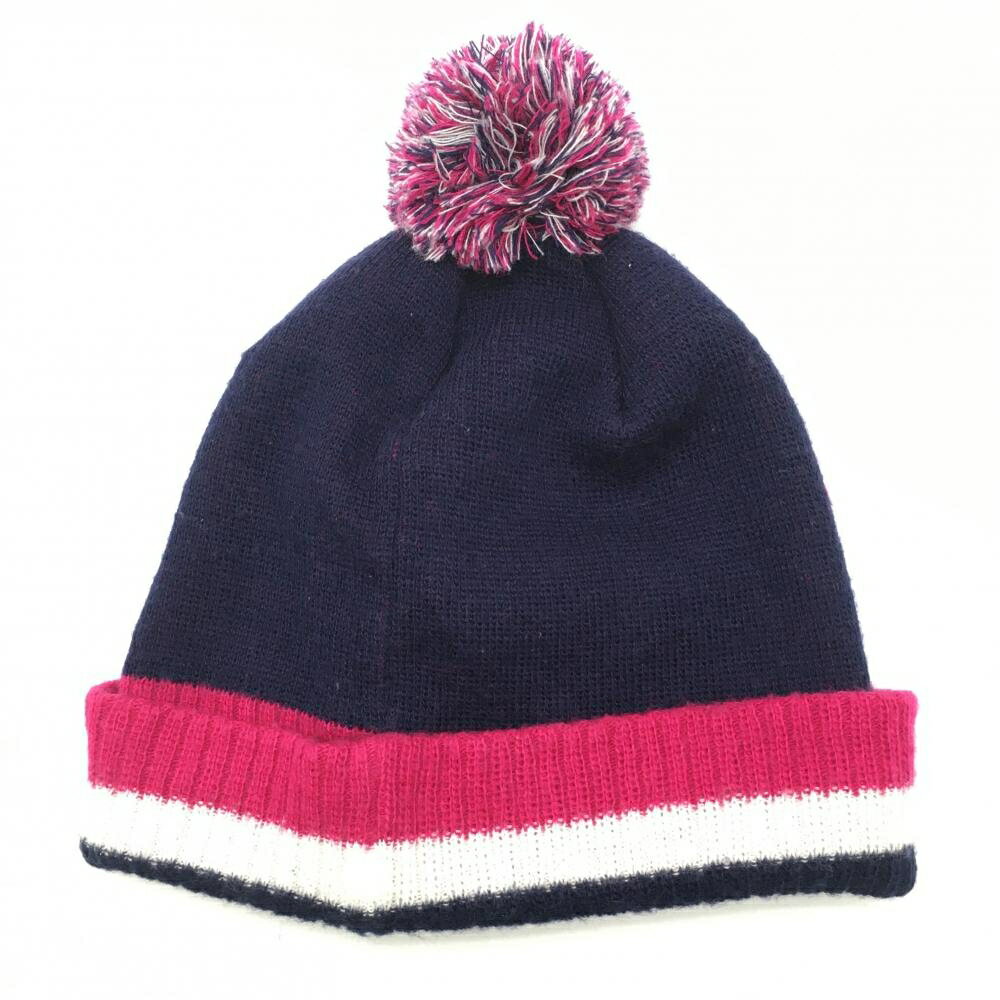 【超美品】サマンサタバサUNDER25 ニット帽 ネイビー×ピンク ロゴ ボンボン付 レディース F ゴルフウェア Samantha Thavasa