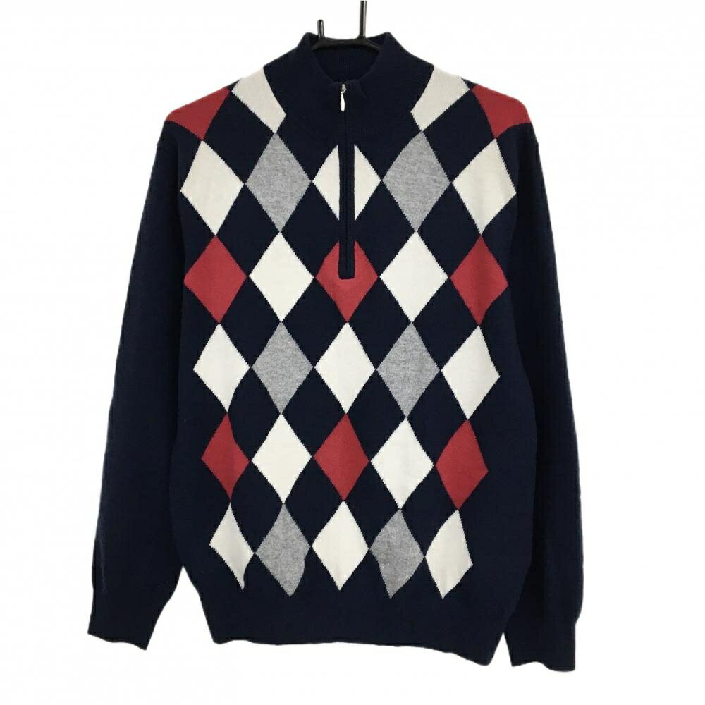 【美品】ワンサイダー ハイネックセーター ネイビー×白 前身頃ダイヤ柄 カシミヤ100％ ハーフジップ メ..