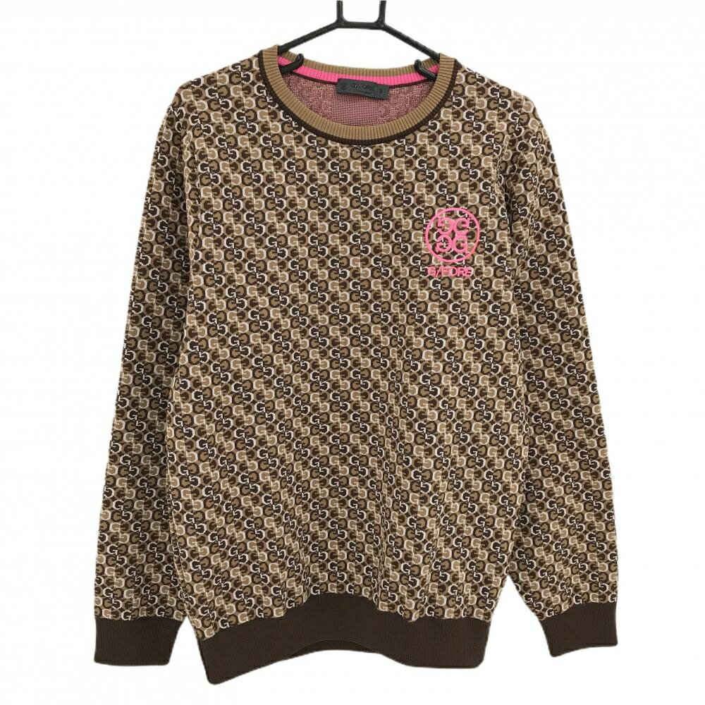 【超美品】ジーフォア セーター ブラウン×白 ロゴ総柄 ニット 後センターロゴ メンズ 3(XL) ゴルフウェ..