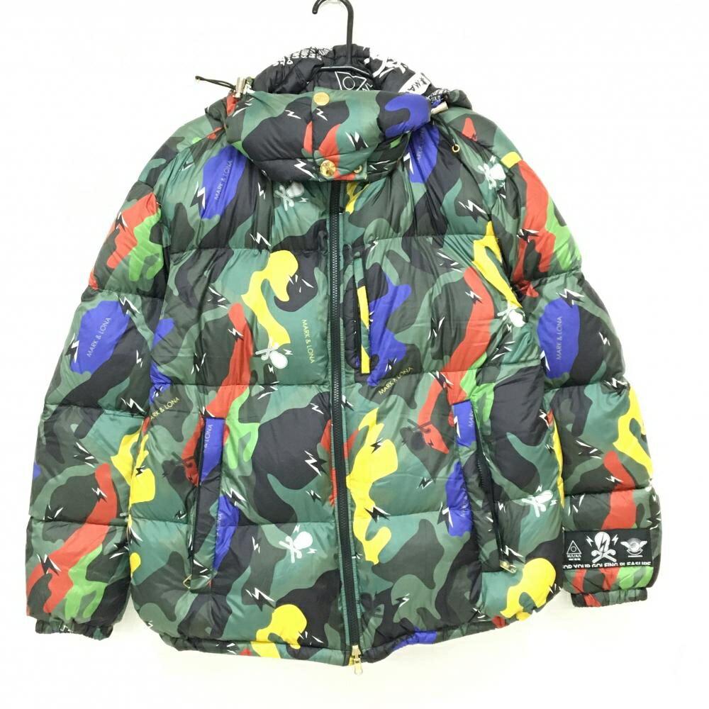 【美品】マークアンドロナ リバーシブルダウンジャケット グリーン×レッド×イエロー 総柄 メンズ ゴルフウェア MARK＆LONA