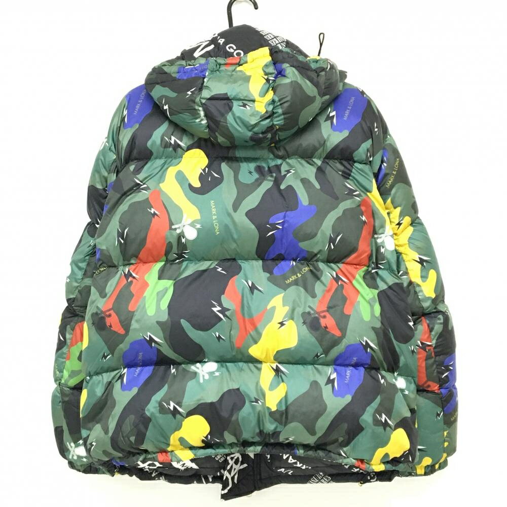 【美品】マークアンドロナ リバーシブルダウンジャケット グリーン×レッド×イエロー 総柄 メンズ ゴルフウェア MARK＆LONA