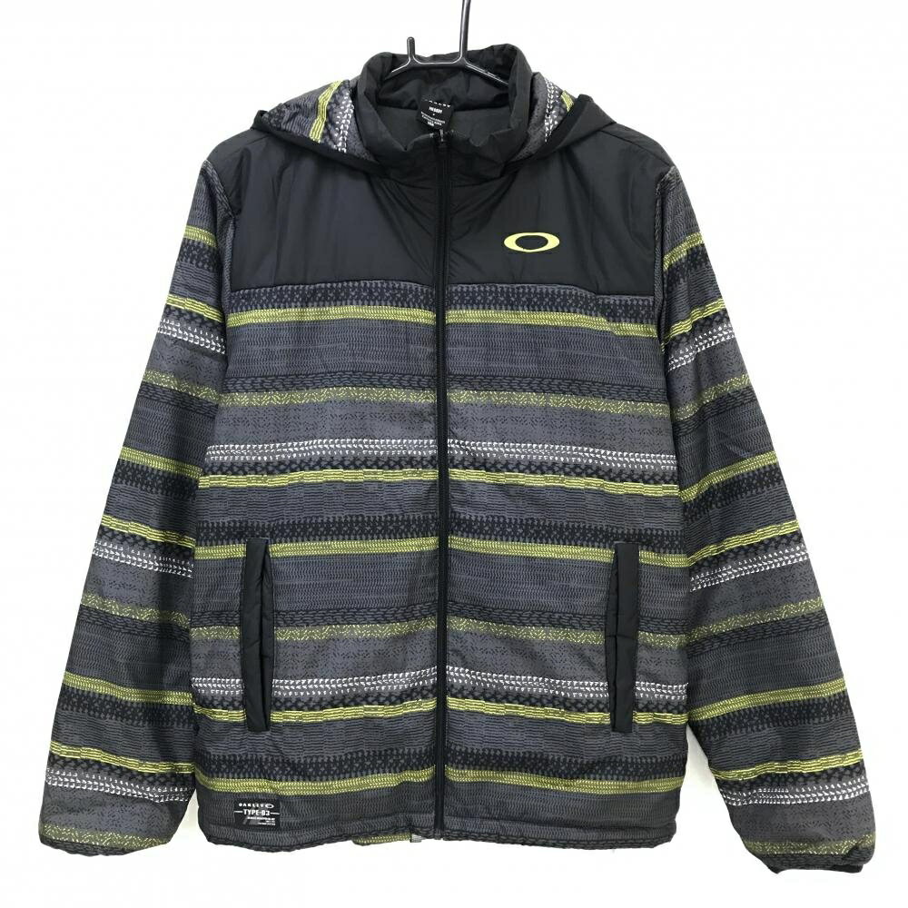 OAKLEY - 【美品】オークリー フード付中綿ジャケット グレー×イエロー 一部ボーダー風 裏微起毛 メンズ MEDIUM ゴルフウェア Oakley