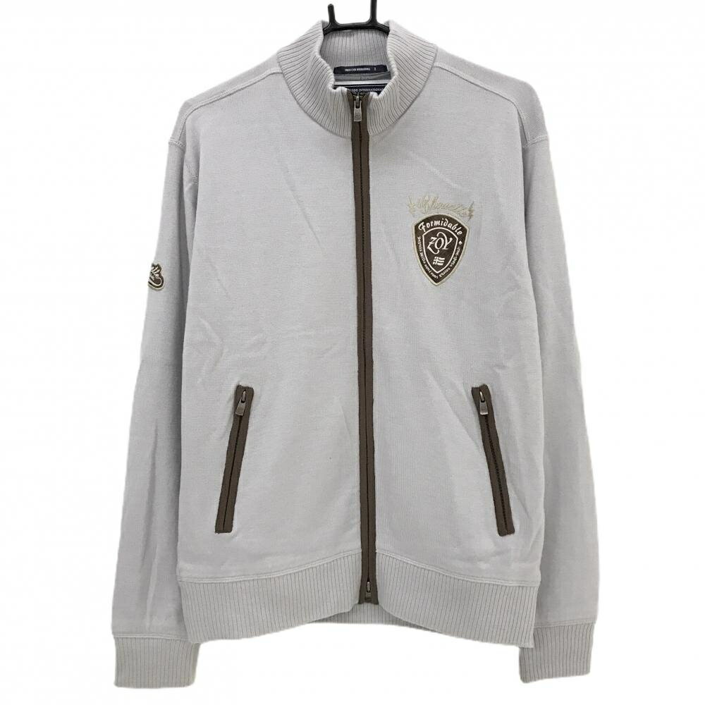 【美品】ゾーイ ニットジャケット グレー×ブラウン 裏地付き 胸元ロゴ 表地ウール100％ メンズ 2(M) ゴルフウェア ZOY