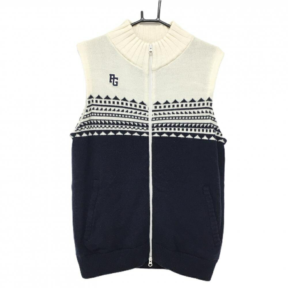 【超美品】パーリーゲイツ 中綿ニットベスト 白×ネイビー 胸元柄 ダブルジップ メンズ 5(L) ゴルフウェア PEARLY GATES