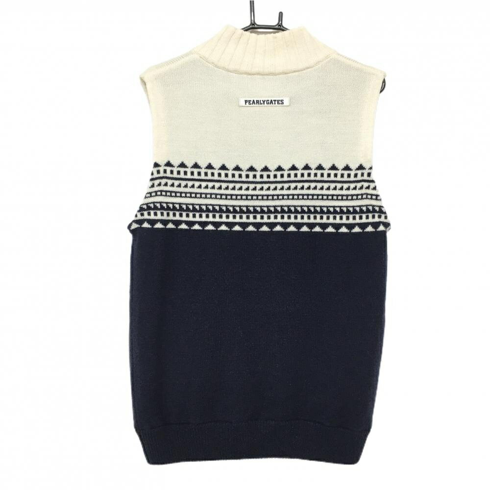 【超美品】パーリーゲイツ 中綿ニットベスト 白×ネイビー 胸元柄 ダブルジップ メンズ 5(L) ゴルフウェア PEARLY GATES