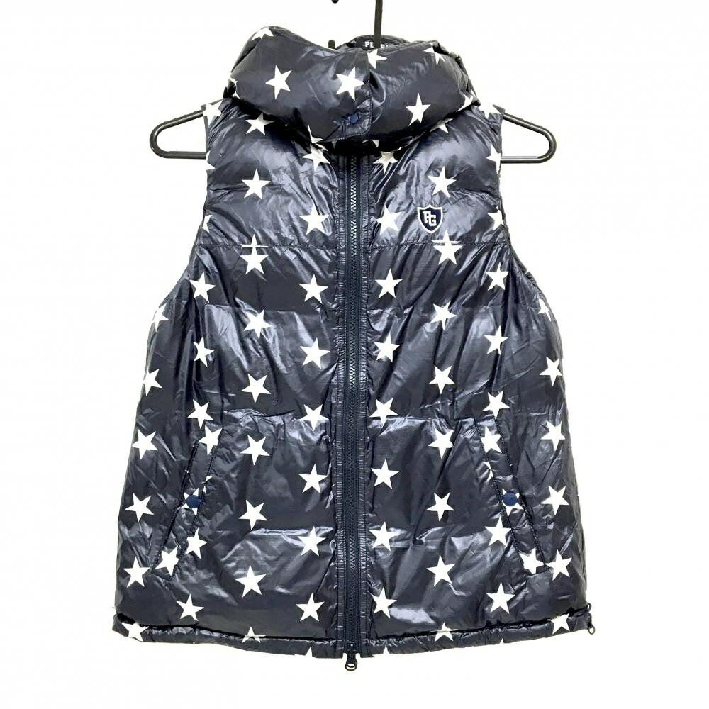 【美品】パーリーゲイツ 2WAYリバーシブルダウンベスト ネイビー×白 星柄 裏無地 レディース 0(S) ゴル..