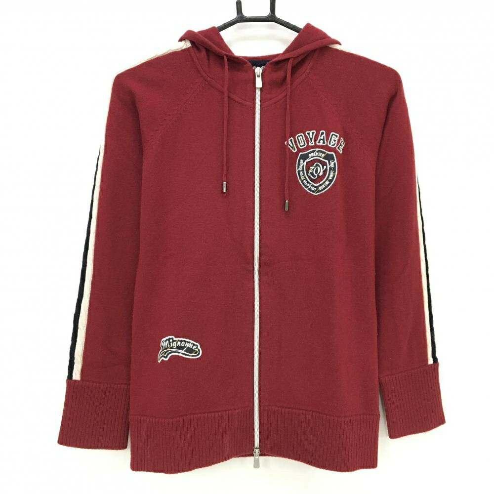 ゾーイ ニットジップパーカー ボルドー×白×黒 袖ケーブル編み カシミヤ混 レディース 38(M) ゴルフウェア ZOY