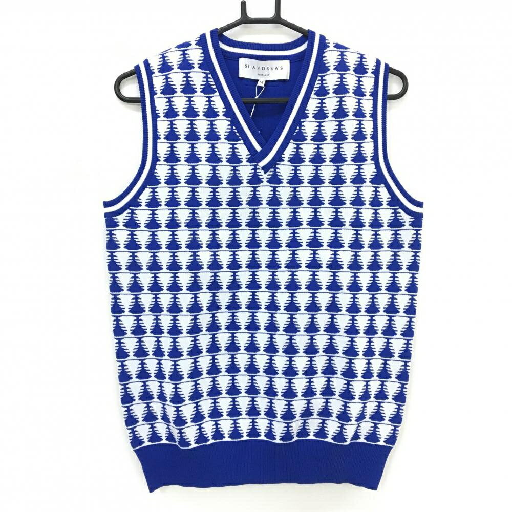 【新品】セントアンドリュース ニットベスト ブルー×白 前身頃総柄 Vネック メンズ M ゴルフウェア St ANDREWS