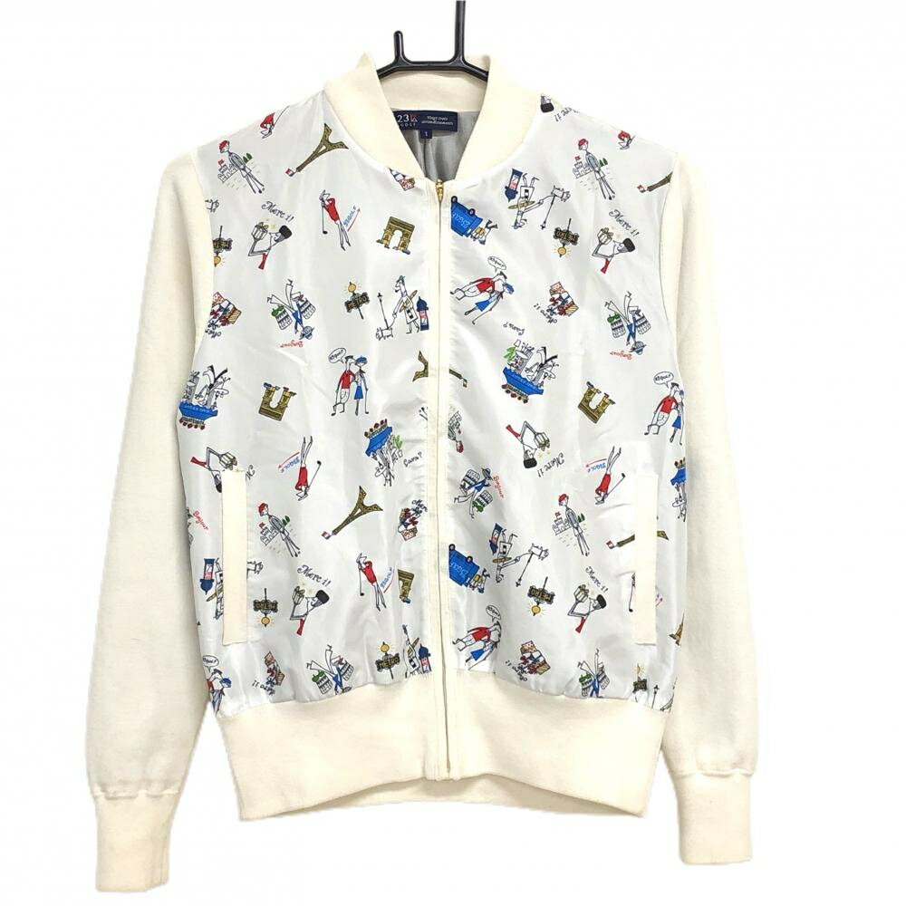 23区ゴルフ ジャケットブルゾン 白 身頃総柄 フランス 素材切替 裏地付き レディース I(M) ゴルフウェア 23区