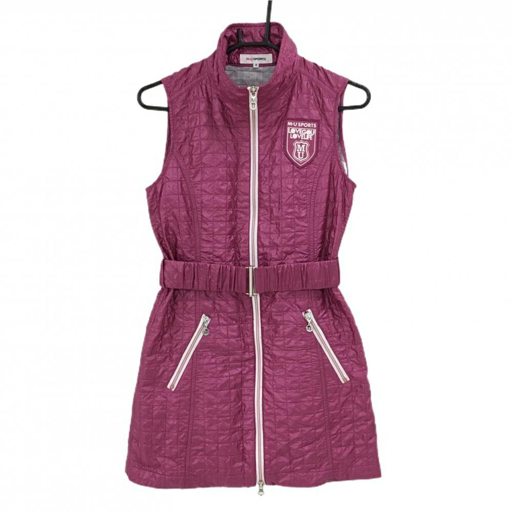 【美品】MUスポーツ 中綿ノースリーブワンピース ピンク×白 ワッペン 薄中綿 レディース 38(S) ゴルフウェア M・U SPORTS