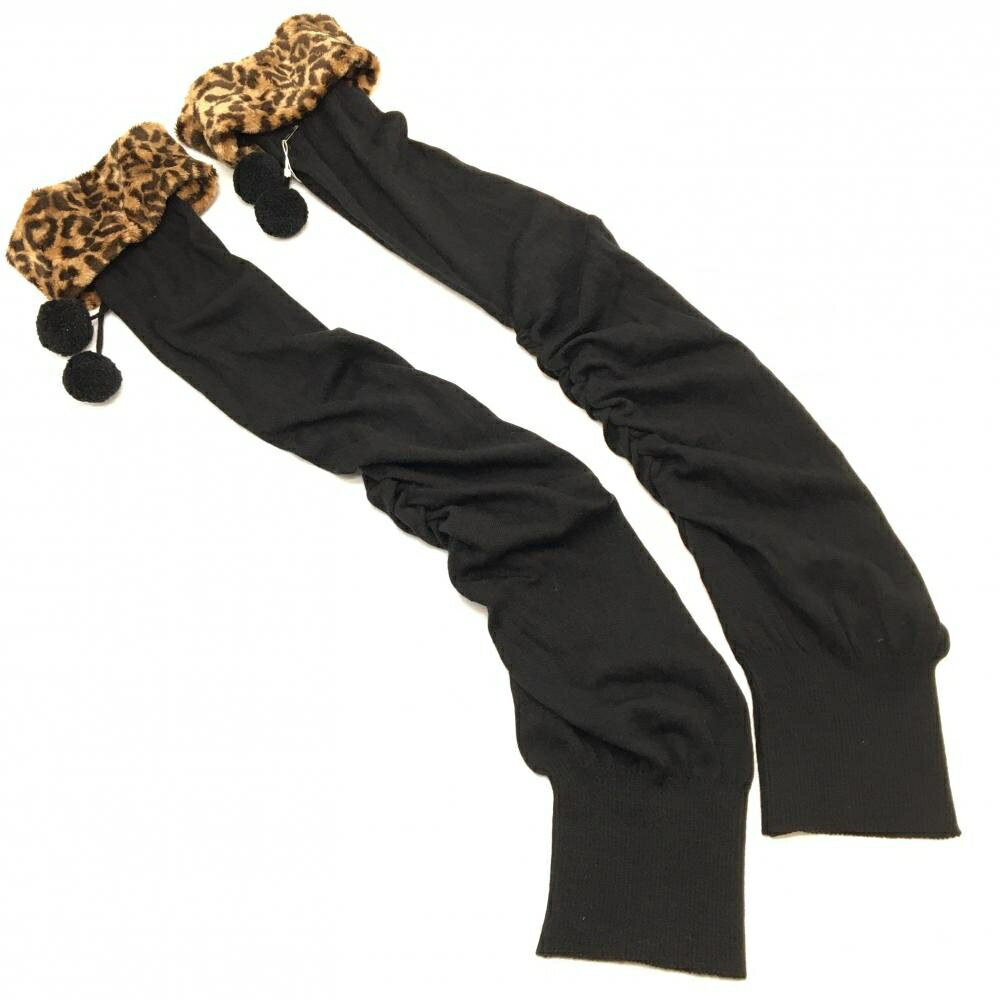 【新品】コモコーメ ニットレッグウォーマー 黒×ブラウン 一部レオパード ボンボン付 レディース FREE ゴルフウェア como!come!