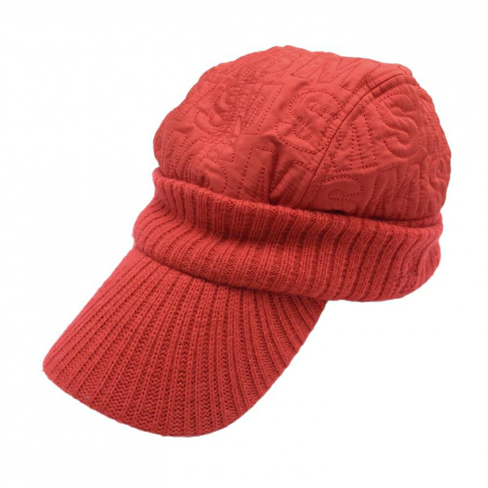 【美品】マンシングウェア 中綿入りつば付きニット帽 レッド クラウン中綿・英字柄 F(55-59cm) ゴルフウェア Munsingwear