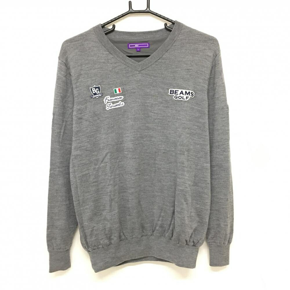 【美品】ビームスゴルフ セーター グレー 複数ワッペン 裏地付 ウール100％ ニット メンズ L ゴルフウェア BEAMS GOLF