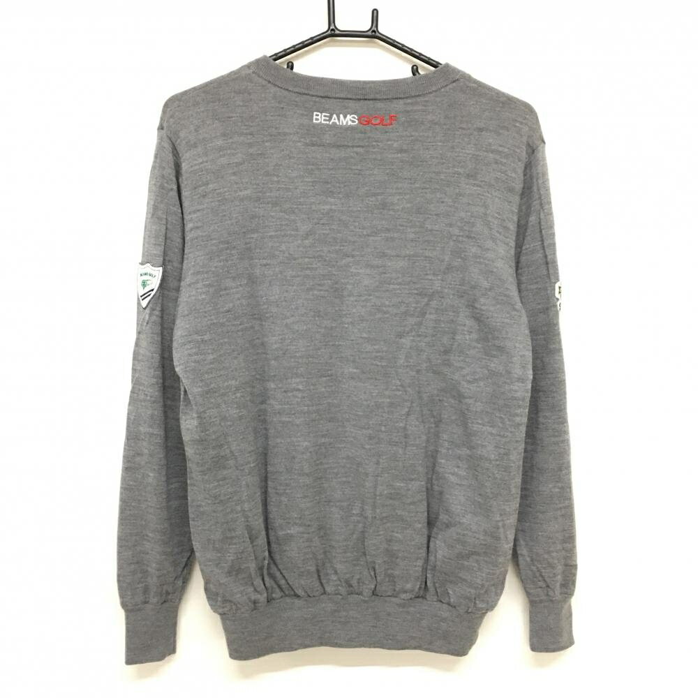 【美品】ビームスゴルフ セーター グレー 複数ワッペン 裏地付 ウール100％ ニット メンズ L ゴルフウェア BEAMS GOLF