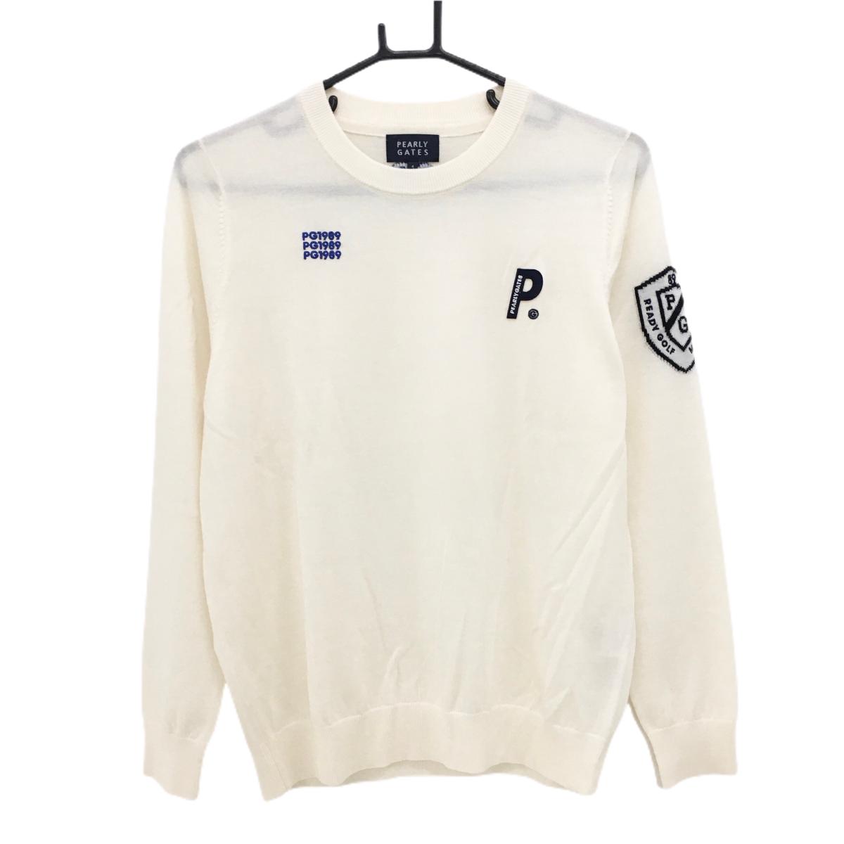【超美品】パーリーゲイツ セーター 白 ロゴ刺しゅうブルー ニット レディース 1(M) ゴルフウェア PEAR..