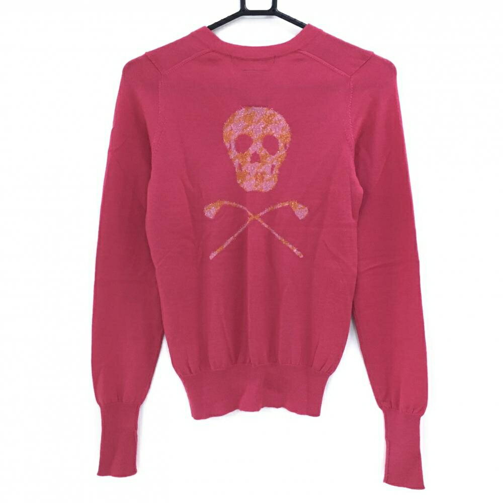 【超美品】マークアンドロナ セーター ピンク×オレンジ 背面ビッグスカル ウール混 ニット レディース WS ゴルフウェア MARK＆LONA