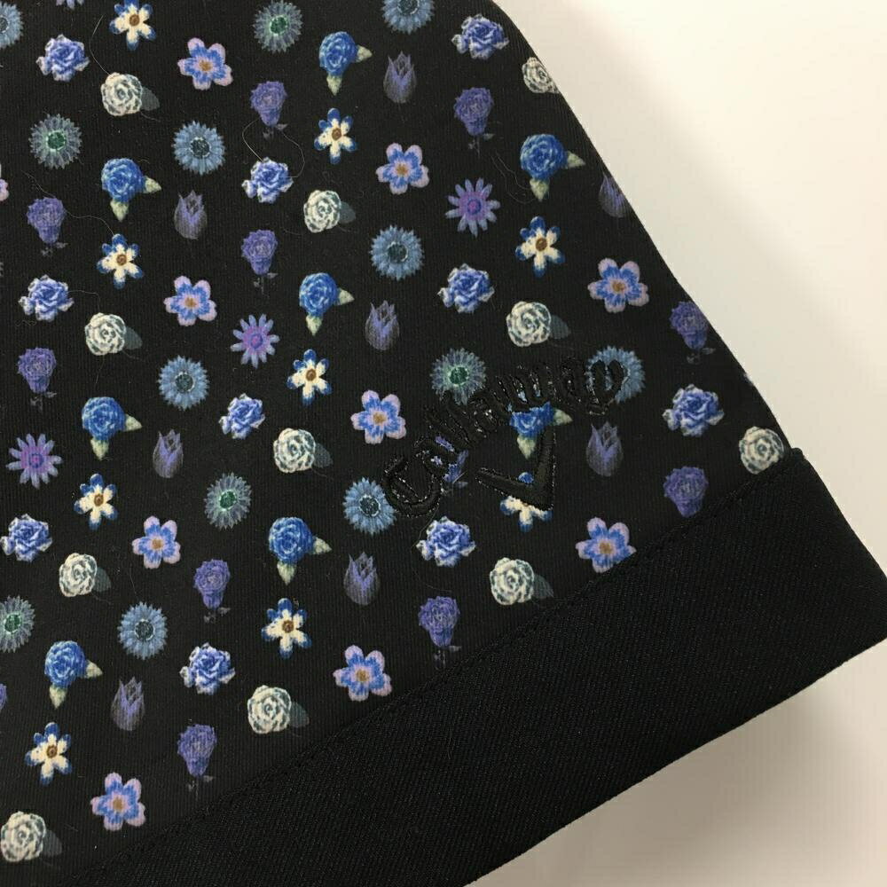 【超美品】キャロウェイ スカート 黒×ブルー 花柄 一部プリーツ 裾ロゴ レディース S ゴルフウェア Callaway