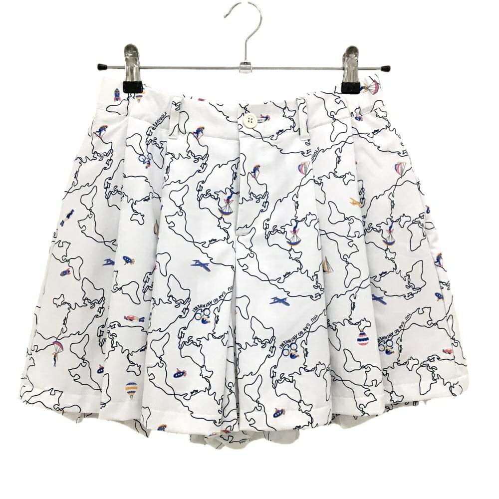 【美品】23区ゴルフ キュロットスカート 白×ネイビー 総柄 乗り物 プリーツ 裏地付 レディース I(M) ゴルフウェア 23区