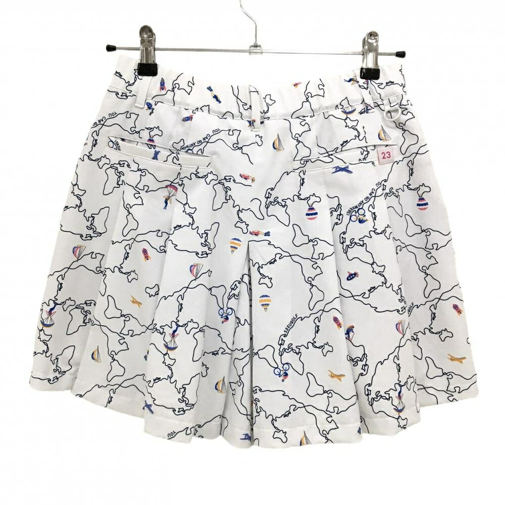 【美品】23区ゴルフ キュロットスカート 白×ネイビー 総柄 乗り物 プリーツ 裏地付 レディース I(M) ゴルフウェア 23区