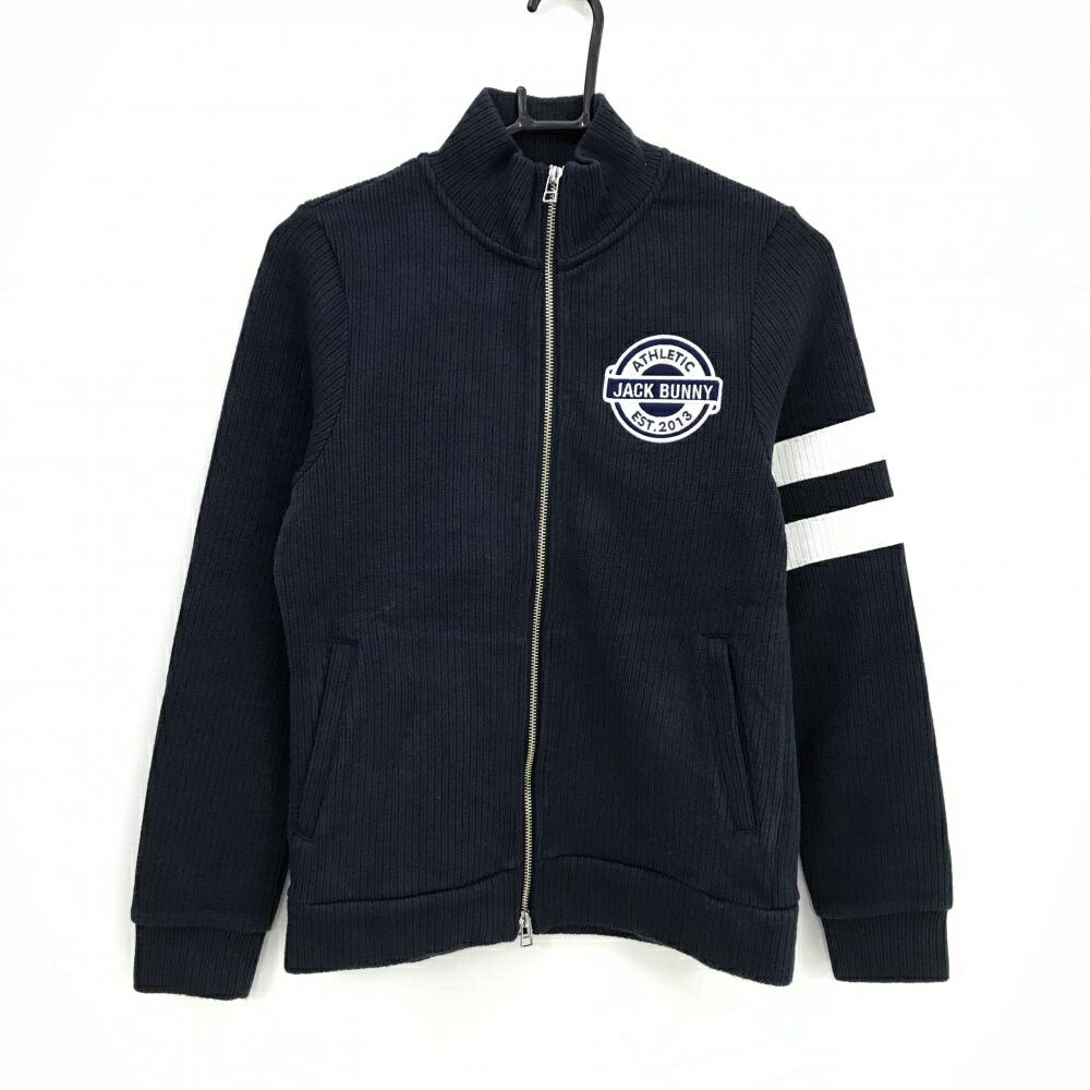 【美品】ジャックバニー ニットジャケット ネイビー×白 袖2ライン レディース 1(M) ゴルフウェア Jack Bunny
