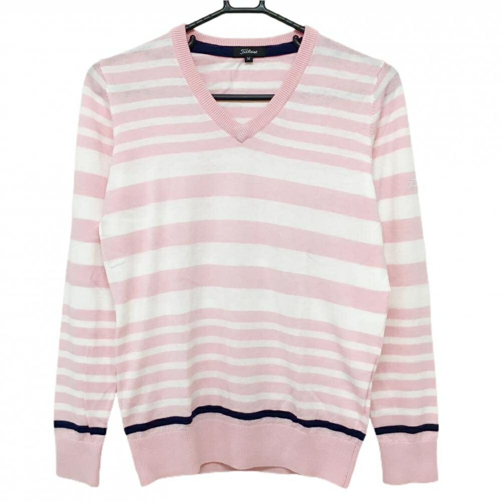 【美品】タイトリスト セーター ピンク×白 ボーダー Vネック ニット レディース M ゴルフウェア TITLEIST