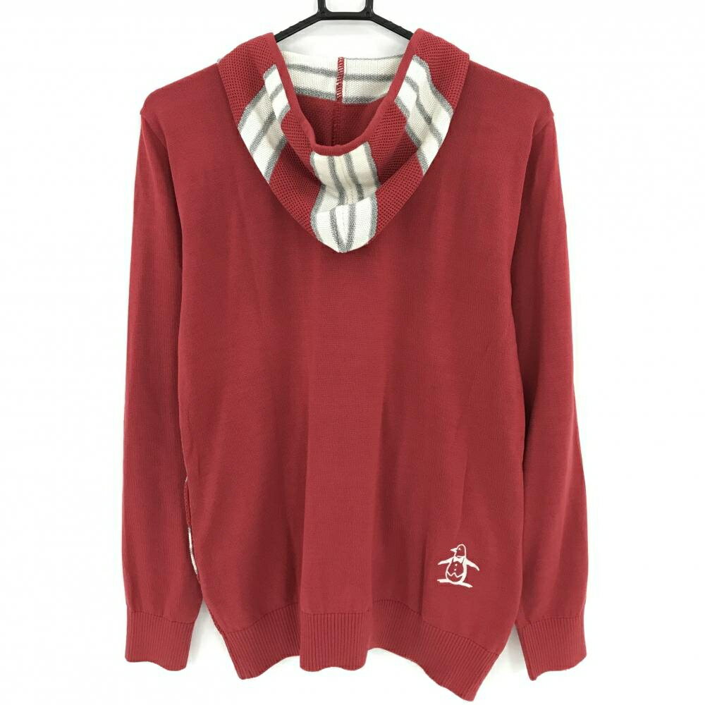 マンシングウェア ニットジップパーカー レッド×白 前身頃ボーダー コットン混 レディース LL ゴルフウェア Munsingwear