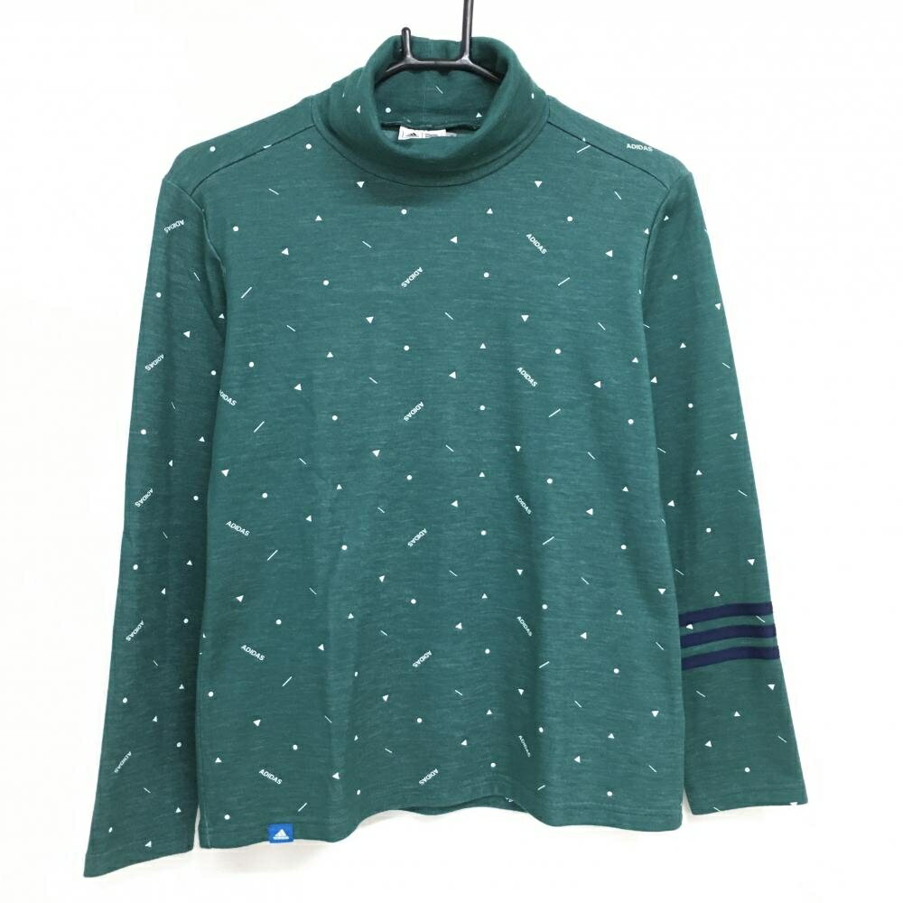 【超美品】アディダス 長袖ハイネックシャツ グリーン×白 総柄 微起毛 袖3ライン レディース L/G ゴルフウェア adidas