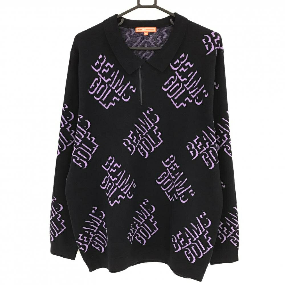 【超美品】ビームスゴルフ 襟付セーター ネイビー×パープル ロゴ総柄 ハーフジップ メンズ XL ゴルフウェア 2023年モデル BEAMS GOLF
