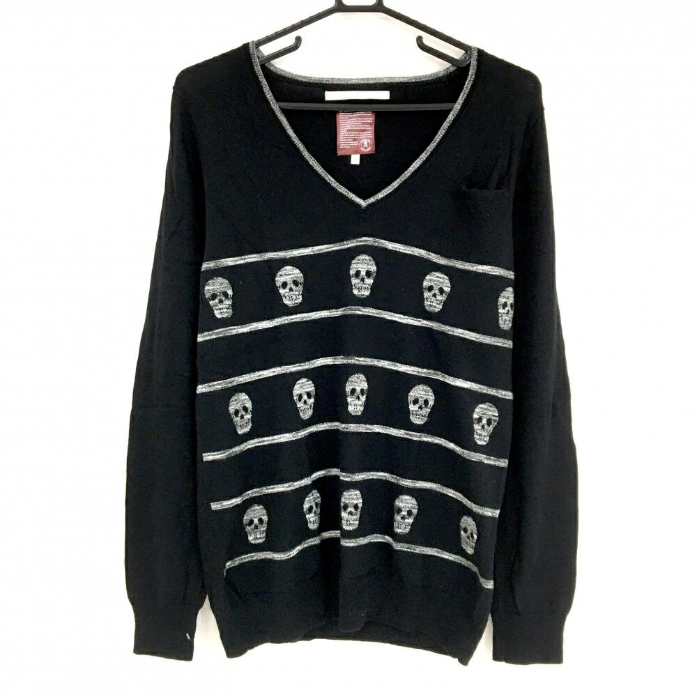 【超美品】マークアンドロナ セーター 黒×シルバー ×ボーダー×スカル Vネック ニット メンズ L ゴルフ..