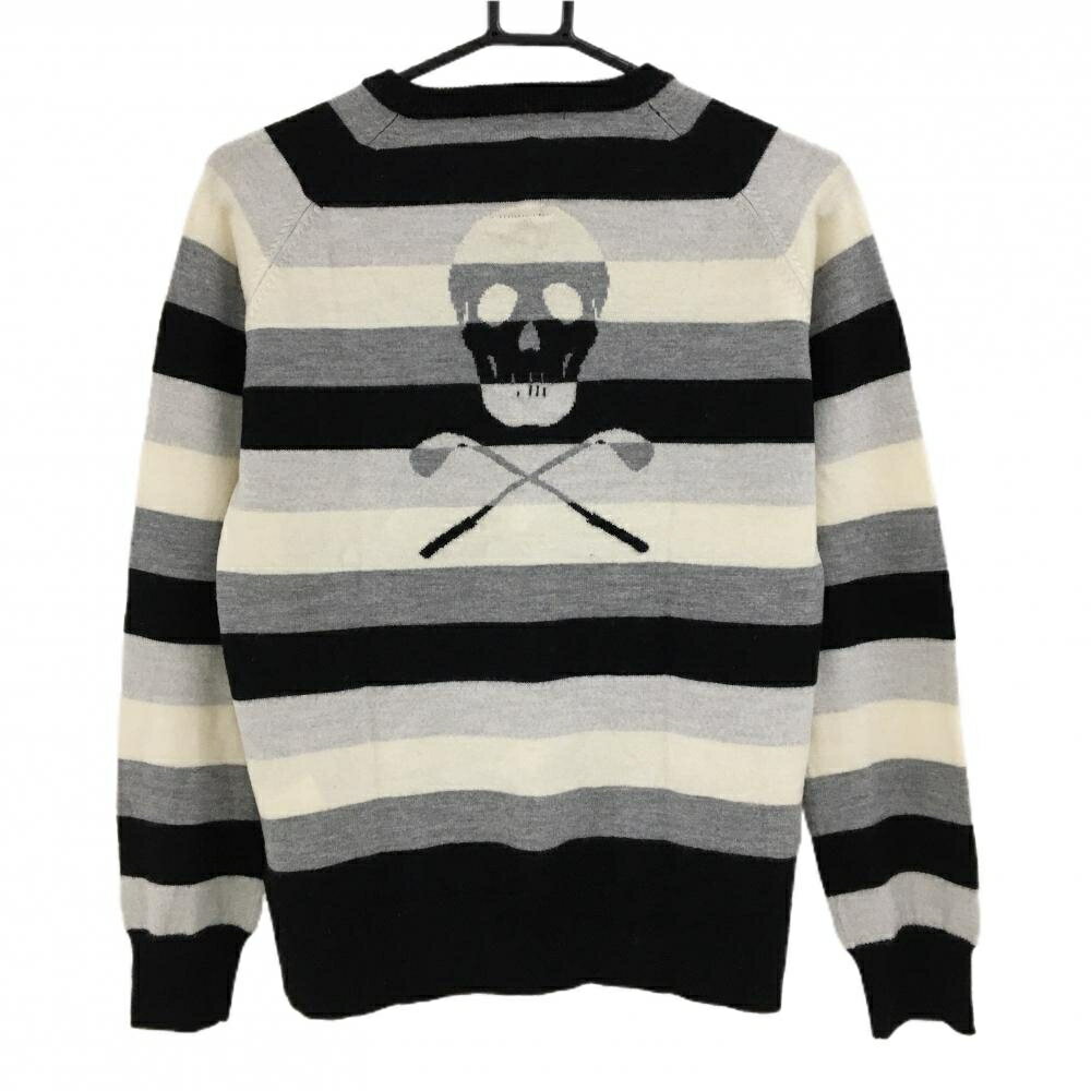 【美品】マークアンドロナ セーター 黒×白×グレー ボーダー Vネック スカル ニット レディース L ゴルフウェア MARK＆LONA