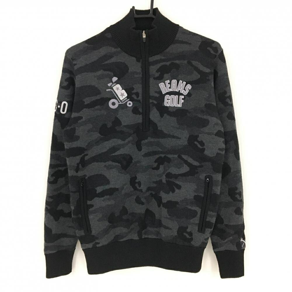 【美品】ビームスゴルフ ハイネックセーター グレー×黒 迷彩 カモフラ ハーフジップ ウール混 裏地付 メンズ S ゴルフウェア BEAMS GOLF