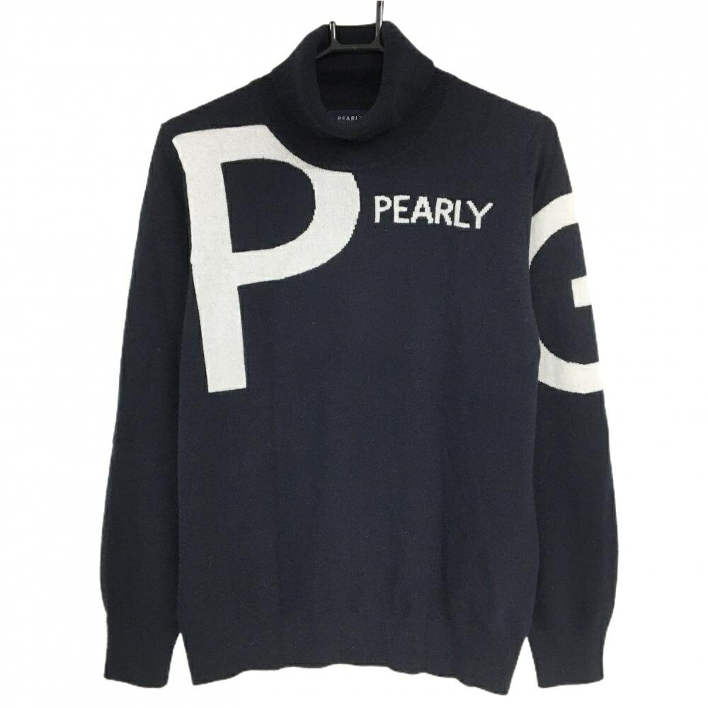 【超美品】パーリーゲイツ タートルネックセーター ネイビー×白 カシミヤ100% レディース 2(L) ゴルフウェア 2024年モデル PEARLY GATES