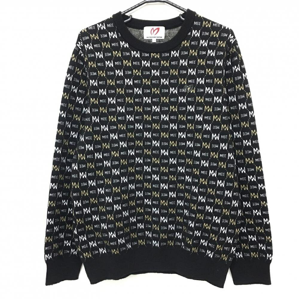 【美品】マスターバニー セーター 黒×白×ベージュ ロゴ総柄 ウール混 メンズ 6(XL) ゴルフウェア 2023..