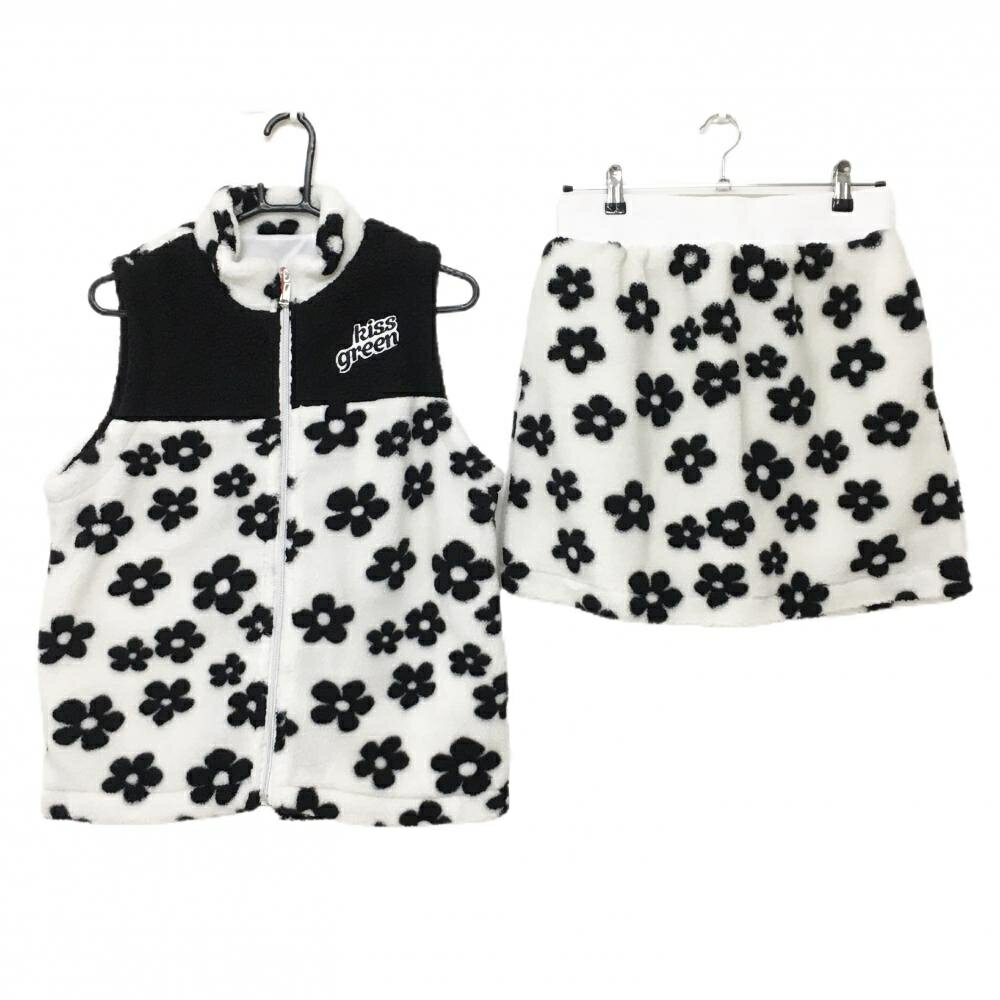 【新品】キスオンザグリーン ボアセットアップ(ベスト×スカート) 白×黒 フラワー総柄 レディース 3(L) ..