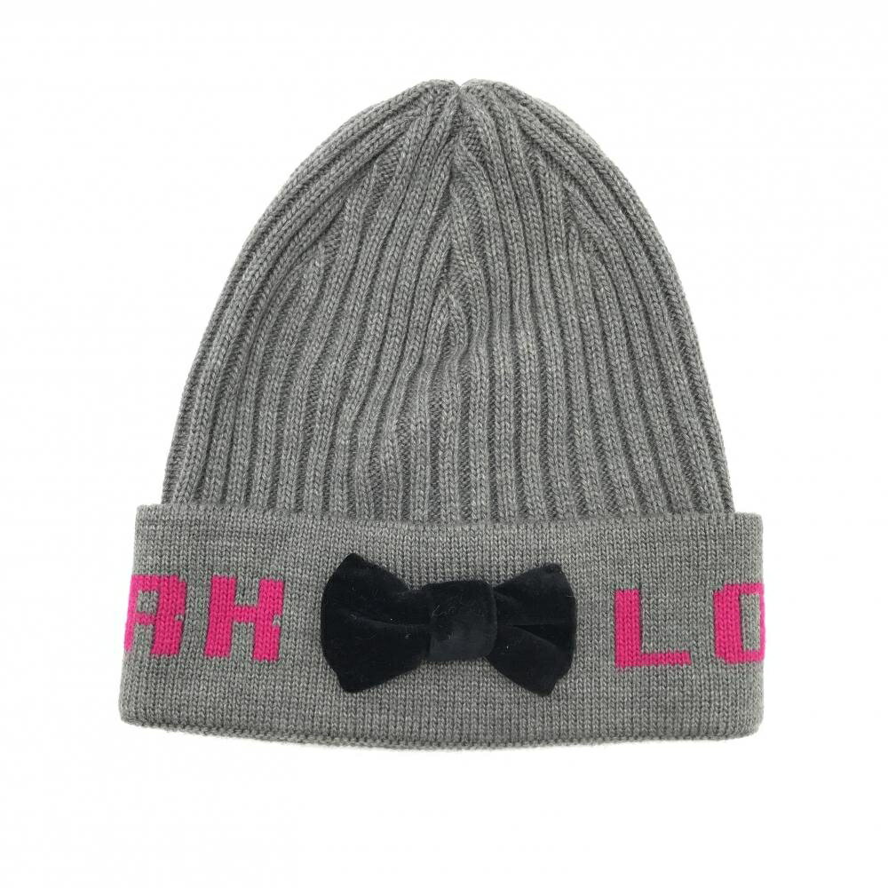 【超美品】マークアンドロナ ニット帽 グレー×ピンク ストライプ編み リボン レディース F ゴルフウェ..