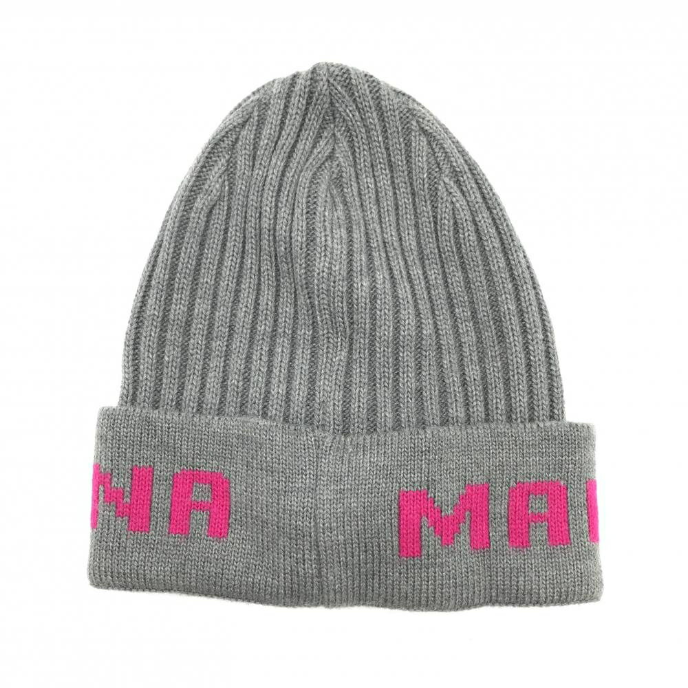 【超美品】マークアンドロナ ニット帽 グレー×ピンク ストライプ編み リボン レディース F ゴルフウェア MARK＆LONA