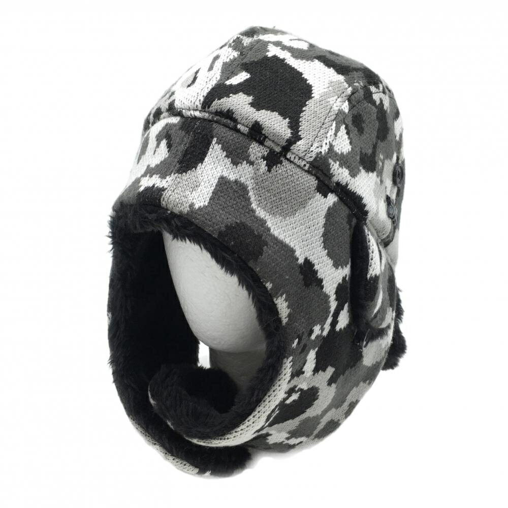 【美品】ニューエラ×PXG 耳当て付きニット帽 白×黒×グレー スカル総柄 裏ボア L ゴルフウェア New Era