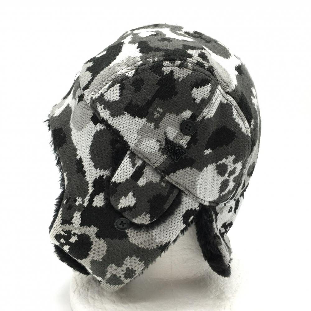 【美品】ニューエラ×PXG 耳当て付きニット帽 白×黒×グレー スカル総柄 裏ボア L ゴルフウェア New Era