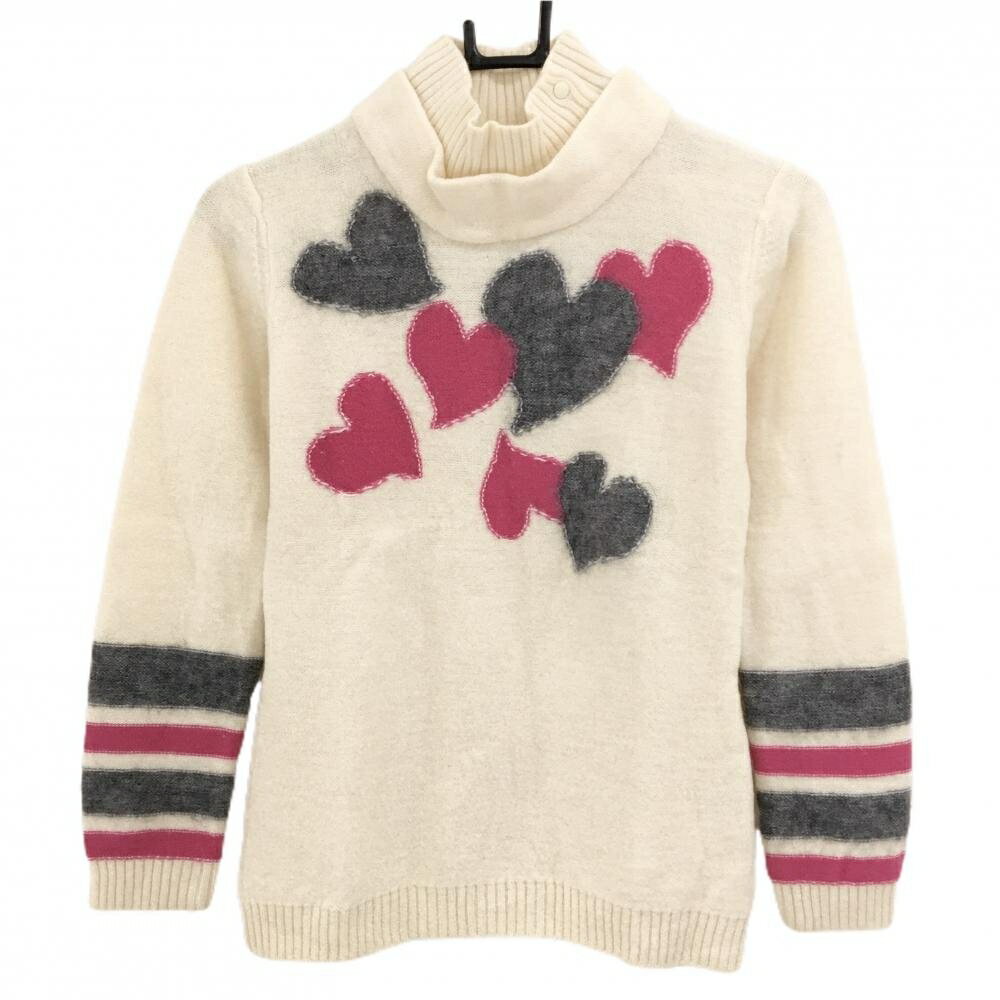 【美品】ビバハート セーター アイボリー×ピンク ハート柄 ウール混 ニット レディース 40(M) ゴルフ...