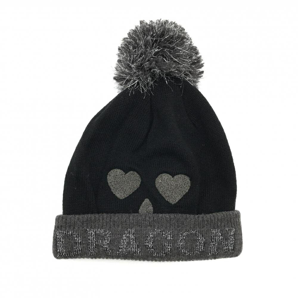 【美品】ダンスウィズドラゴン ニット帽 黒×シルバー ポンポン付 ウール混 99(F) ゴルフウェア Dance With Dragon