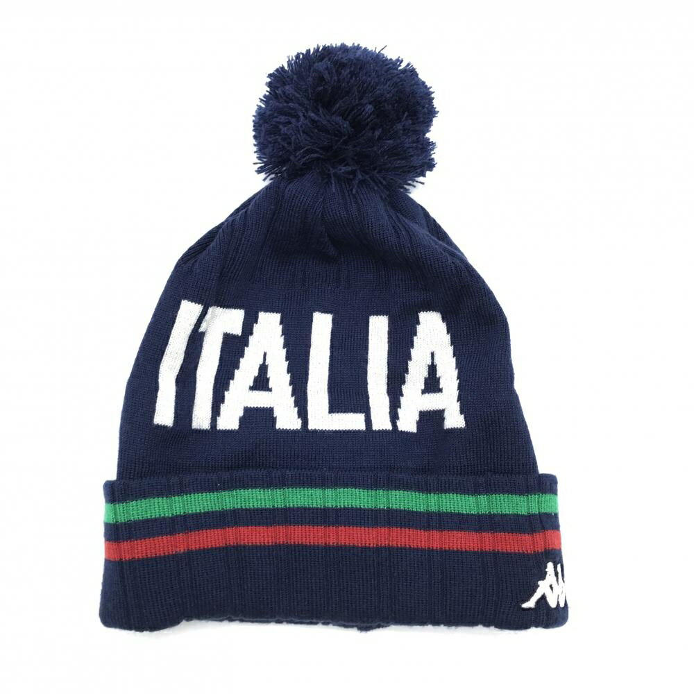 【超美品】カッパ ニット帽 ネイビー×白 ポンポン付 裏一部フリース Fフリーサイズ ゴルフウェア Kappa